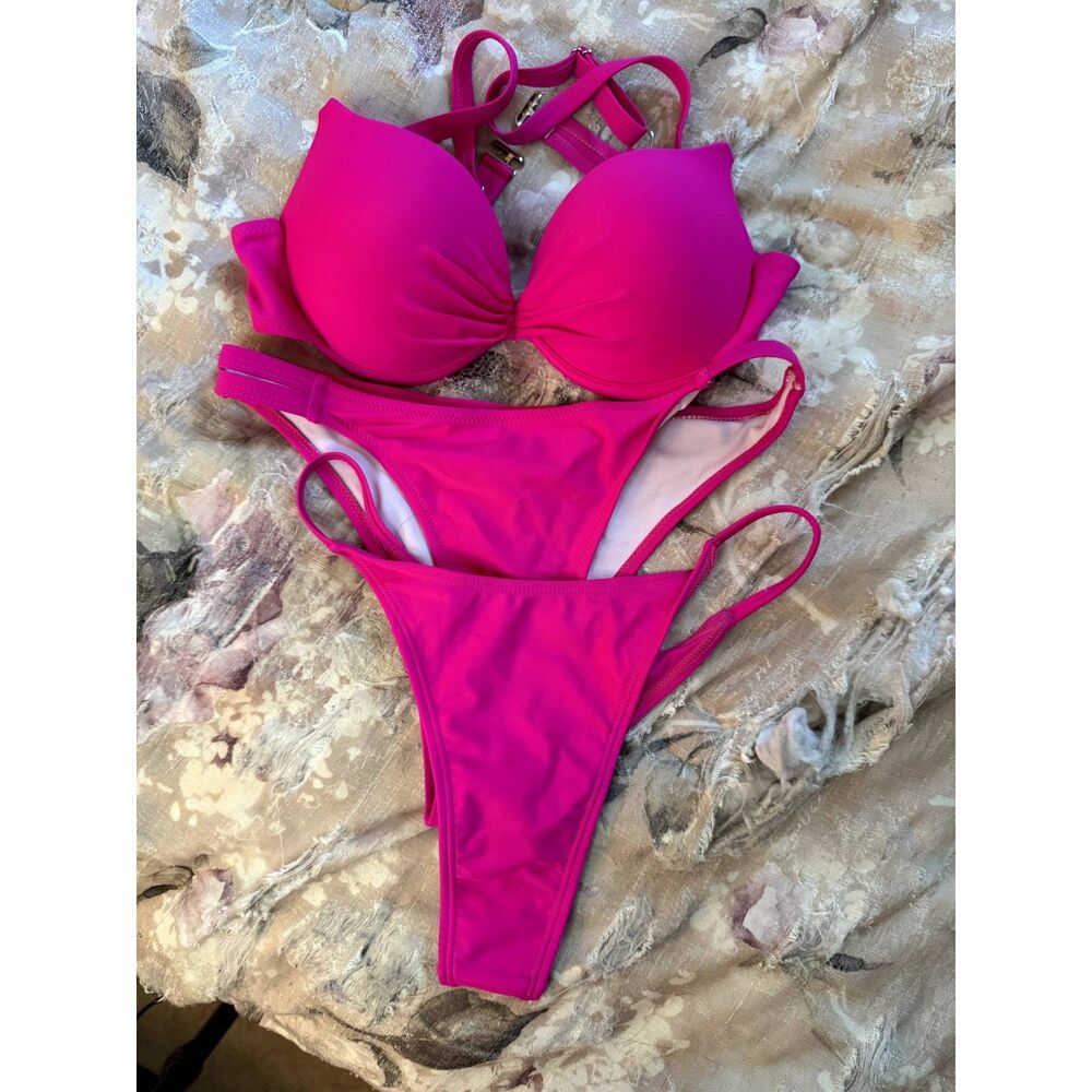 SHEIN Three Piece Swimsuit Hot Pink Bikini w Tanga and Thong Bottoms - Small